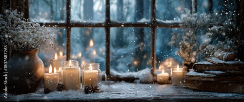 Snowy Winter Scene With Candles and Jars on a Rustic Wooden Table by a Window