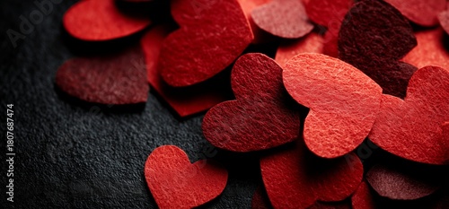 Red Hearts Scattered Across a Dark Surface Reflecting Love and Affection Duri...