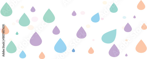A whimsical and cheerful pattern of colorful abstract raindrop shapes in pastel shades of blue green purple and orange scattered across a clean white background evoking a gentle and playful mood