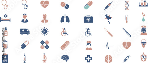 A vibrant and diverse collection of hand drawn medical and healthcare icons representing various aspects of health and wellness presented in a grid format for easy visual reference