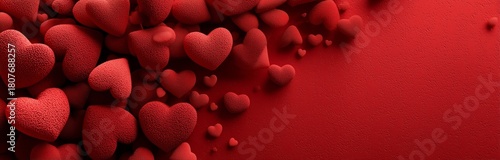 Colorful Red Hearts Scattered Across a Smooth Surface Create a Vibrant, Roman...