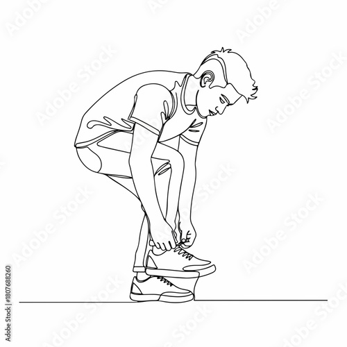 Minimalist Lineart Boy Tying Shoelace Illustration in Black and White Style