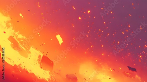 Intense incandescent eruption sends glowing debris soaring across a fiery gradient sky