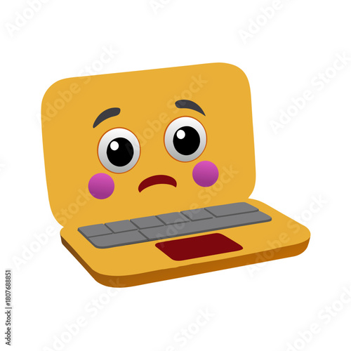Cartoon yellow laptop with a worried confused expression and blushing cheeks isolated on transparent background
