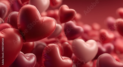 Colorful Red and Pink Hearts Floating in the Air, Perfect for Celebrating Lov...