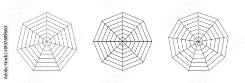 Radar, spider diagram template. Polygon graphs. Spider mesh. Diagrams for statistic, analytic. Coaching tool sample. Blank radar charts black icons. Heptagon, octagon, enneagon. Grids with segments.