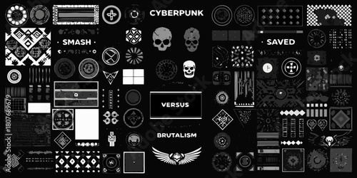 Monochrome cyberpunk brutalism versus design elements and graphics collection