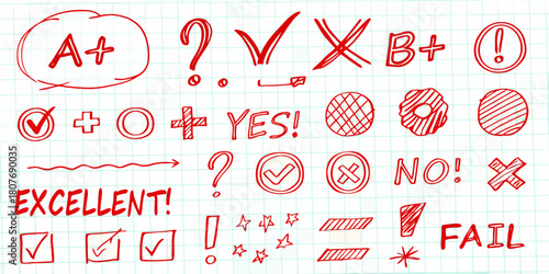 Hand drawn red grading symbols on graph paper background