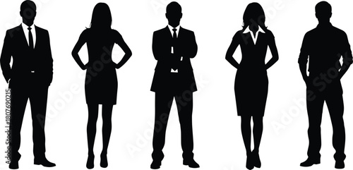 Business team silhouettes, professionals, suits, corporate attire, confident pose, leadership, teamwork, career, office staff, flat vector illustration