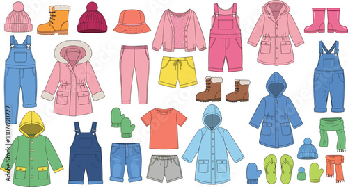 Children seasonal clothing collection, winter and summer outfit set, cartoon style kids fashion, boots, hats, jackets, pants, accessories, flat vector illustration