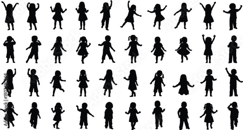 Children silhouette poses, playful kids vector, dancing child shapes, expressive movement, childhood activity icons, flat vector illustration, black figures