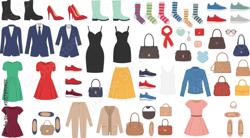 Fashion item collection, dresses, shoes, coats, skirts, tops, accessories, handbags, suits, seasonal clothing, flat vector illustration, wardrobe design