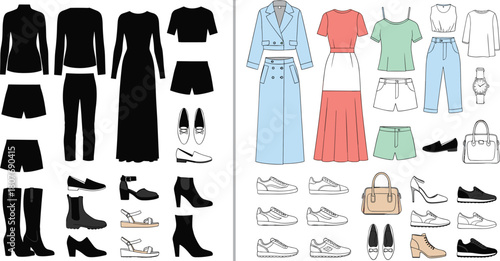 Fashion item comparison, silhouette and color clothing, wardrobe elements set, shoes bags accessories tops bottoms, flat vector illustration, style icons
