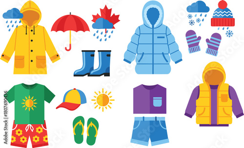 Rainy, snowy, sunny weather clothing and accessories for kids, seasonal outfit icons, flat vector illustration, educational fashion concept