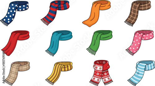 Scarf collection vector, winter accessories, colorful textile designs, fashion neckwear set, seasonal clothing items, flat vector illustration, pattern variety