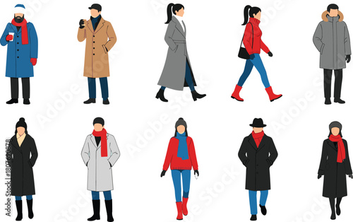 Winter fashion people, coats, jackets, scarves, hats, gloves, boots, cold weather outfit, diverse styles, flat vector illustration, walking poses