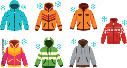Winter jacket collection, colorful coat designs, seasonal outerwear set, snowflake detail, fashion cold weather gear, flat vector illustration, hooded styles