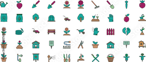 A vibrant collection of illustrated garden tools and plants featuring watering cans shovels rakes potted flowers carrots and small trees presented in a playful flat design style