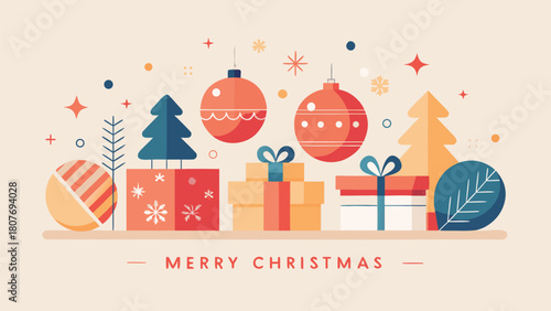 Merry Christmas card featuring colorful gifts surrounded by delicate snowflakes on a festive background..eps