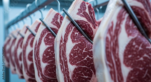 Fresh raw beef ribs hanging on hooks in a meat processing plant ready for distribution