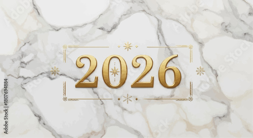 Golden year of two thousand twenty six on a marble background with decorative frame and snowflakes
