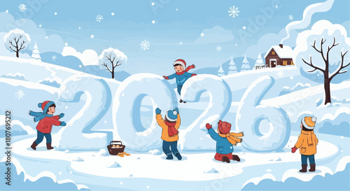 Children building a snow sculpture of the year twenty twenty six in a snowy winter landscape scene outdoors