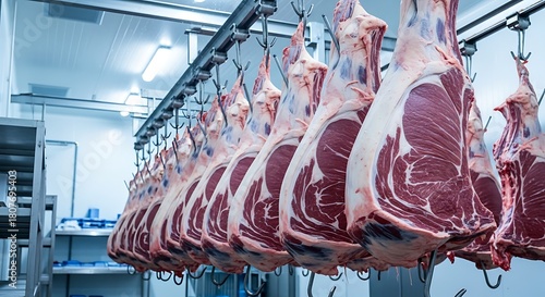 Rows of beef carcasses hanging in a refrigerated warehouse, ready for sale and distribution to customers