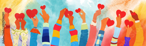 Watercolor raised hands holding hearts to celebrate unity diversity and shared gratitude