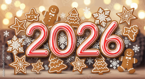 Gingerbread cookies and candy cane numbers forming the year 2026 with festive decorations around it