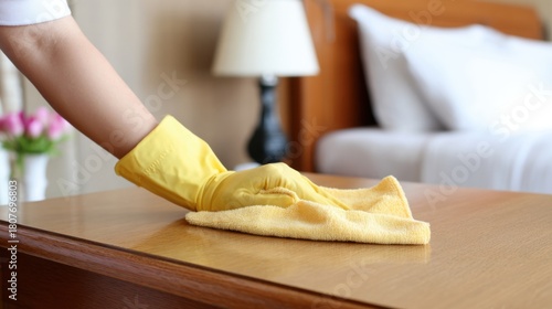Hotel room cleaning with maid wiping wooden bedside table using yellow cloth and gloves. Fresh linens and tidy interior create clean and welcoming accommodation atmosphere