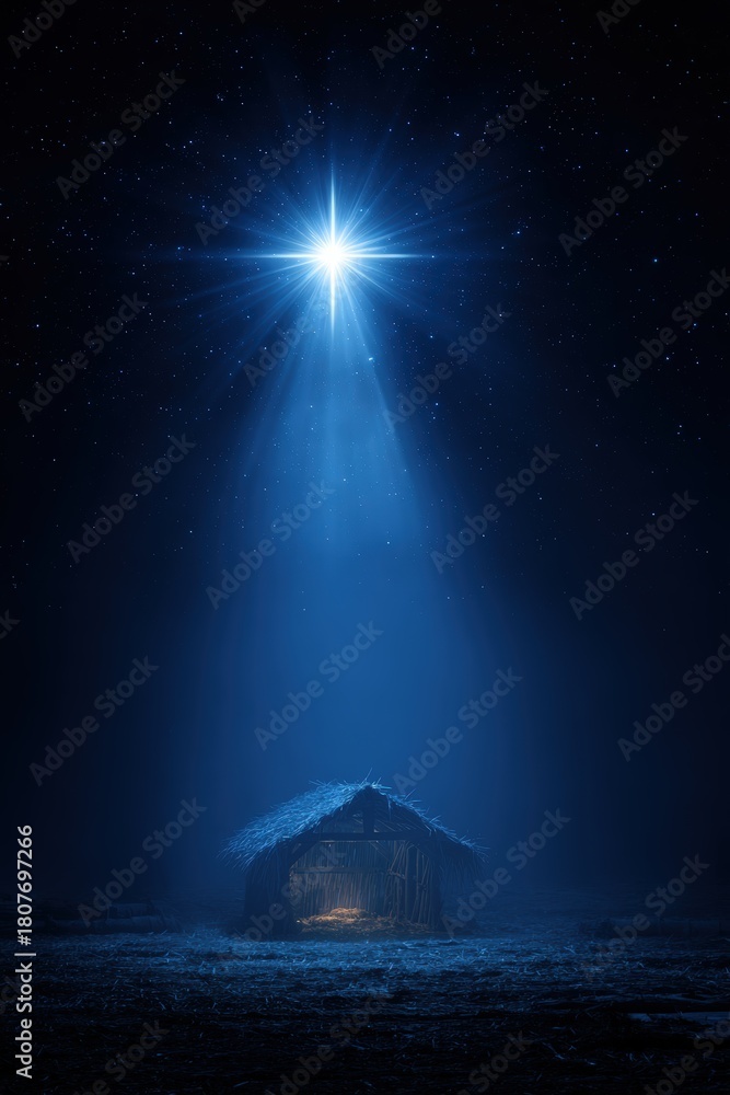 Fototapeta premium Symbolic Manger Scene Lit by Bright Star in Deep Blue Night