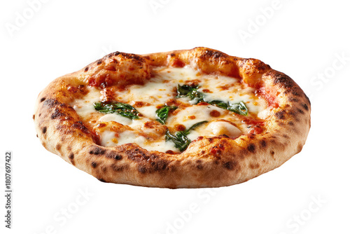 Close-up of a small, round pizza with a crispy, charred crust, topped with tomato sauce, mozzarella cheese, and fresh basil leaves