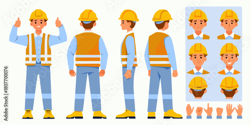 Construction worker character animation set with multiple views and hand gestures