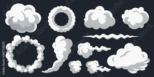Cartoon smoke and steam effects set on dark background