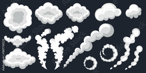 Cartoon smoke and cloud effects collection on dark background