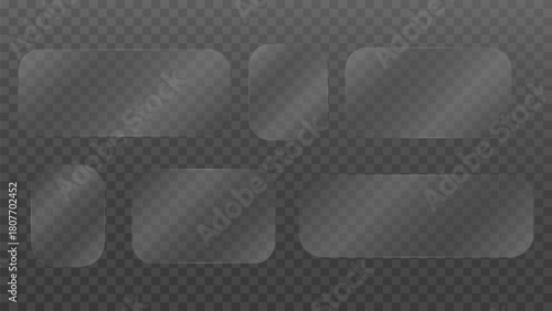 A group of glass plates on a transparent background. Transparent glass display case, glossy plastic frame.