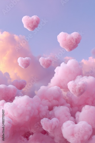 Pink heart-shaped clouds in a pastel sky at sunset