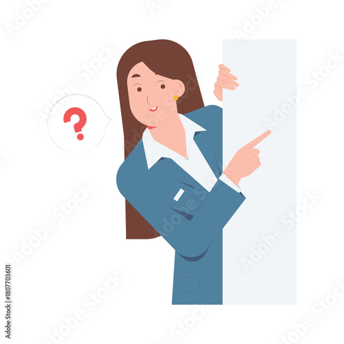 Curious businesswoman peeking and pointing with question mark, inquiry, FAQ, asking question concept illustration
