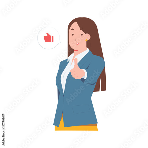 Confident businesswoman giving thumbs up gesture, approval, agreement, and positive feedback concept illustration