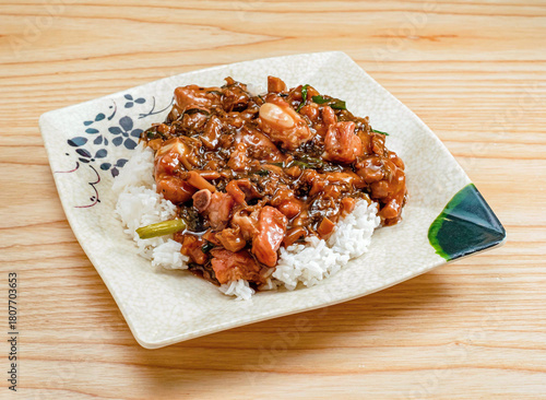 Canvas-taulu Delicious Asian Black Bean Spare Ribs with rice meal, plated with care
