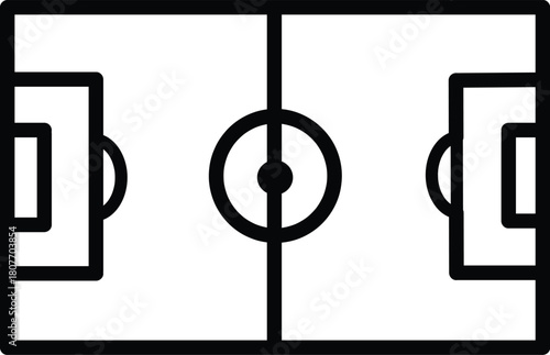 A simple black and white icon of a soccer field, showcasing the layout with goal areas and center circle