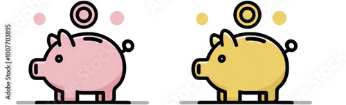 Set of colorful piggy bank icons with coins for saving money.