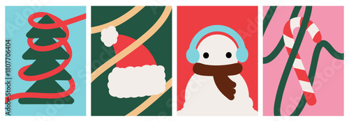 Abstract Wavy Holiday Cards with Christmas Tree, Santa Hat, Snowman, Garland and Candy cane Background Poster Vector Template