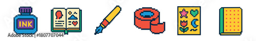 A colorful pixel art illustration showcasing a diverse set of creative and artistic tools, including an ink bottle, an open book, a fountain pen, a tape roll, a sticker sheet, and a stack of notes