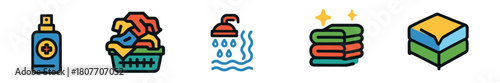 Colorful hand-drawn icon set for cleaning and personal hygiene concepts, featuring a disinfectant spray, laundry basket, shower, clean folded towels, and a soap bar