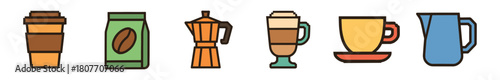 A colorful collection of coffee-related icons, including a takeaway cup, beans, moka pot, latte, and mug, isolated on a white background in a flat vector illustration style