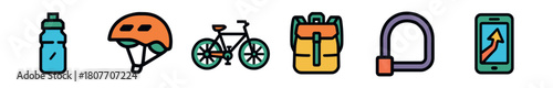 A colorful set of flat design icons illustrating essential cycling equipment and accessories, including a water bottle, helmet, bicycle, backpack, U-lock, and smartphone with navigation