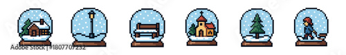 Charming collection of pixelated snow globe icons with various winter holiday scenes inside, rendered in a nostalgic 8-bit video game art style