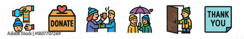 A vibrant collection of six flat-design icons depicting acts of charity and kindness, such as donating, offering warmth, providing shelter, and expressing gratitude, presented on a clean