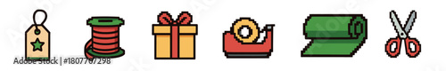 A collection of colorful pixel art icons for festive gift wrapping, featuring a present, ribbon, scissors, tape, paper, and a gift tag arranged in a row